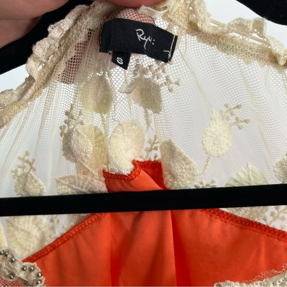 RYU Beaded Sequin Orange with Ivory Lace Off Shoulder Top Loose Sleeves Sz Small - Picture 3 of 5